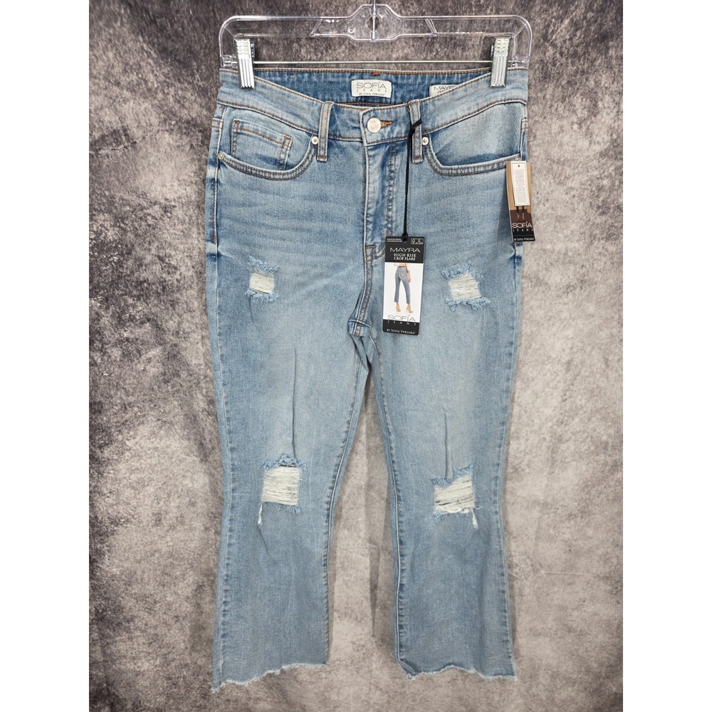Sofia Jeans Womens 6 Blue High Rise‎ Cropped Flare Denim Raw Hem Distressed New